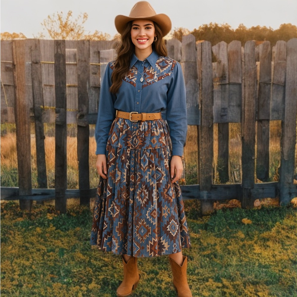 Vintage Desert West Southwestern Two-Piece Set – Shirt & Circle Skirt